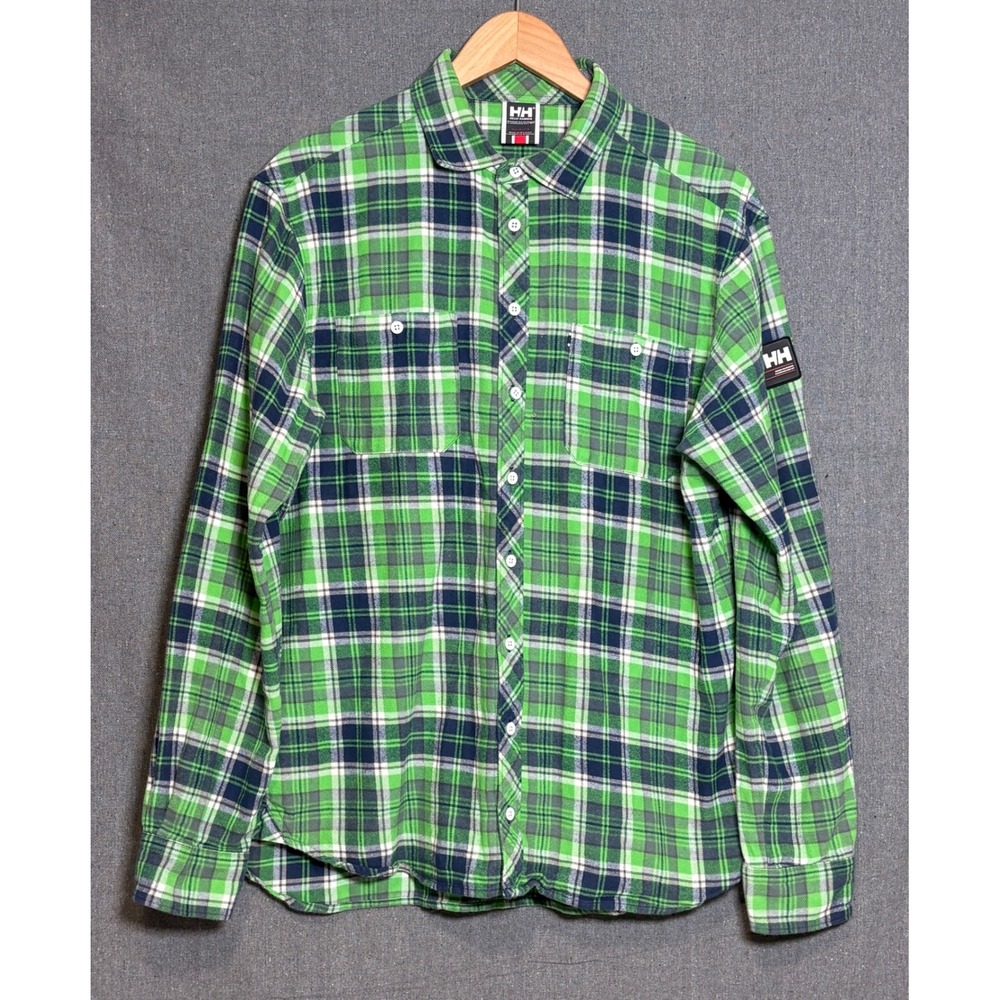Helly Hansen Mens XL Green Plaid Flannel Button Up Shirt Elbow Patches HH Logo